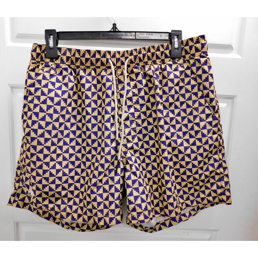 OAS Swim Trunks Men's Size XL Beige Blue Geometric Print Drawstring Pocket Lined